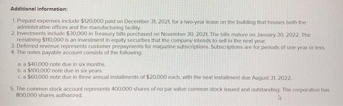 Additional information: 1. Prepaid expenses include $120,000 paid on December 31, 2021. for a two-year lease on the building