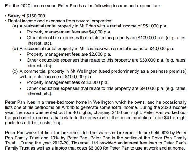 For the 2020 income year, Peter Pan has the following income and expenditure: Salary of $150,000 • Rental income and expenses
