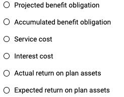 O Projected benefit obligation O Accumulated benefit obligation O Service cost O Interest cost O Actual return on plan assets