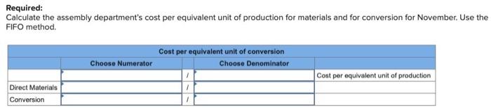 Required: Calculate the assembly departments cost per equivalent unit of production for materials and for conversion for Nov