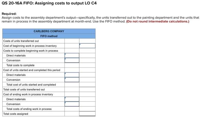 QS 20-16A FIFO: Assigning costs to output LO C4 Required: Assign costs to the assembly departments output-specifically, the
