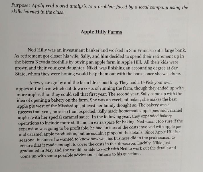 Purpose: Apply real world analysis to a problem faced by a local company using the skills learned in the class. Apple Hilly F