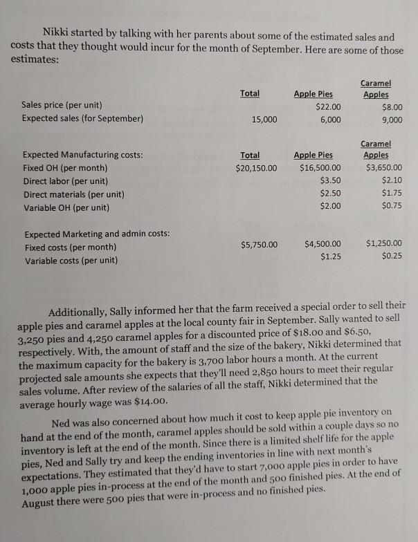 Nikki started by talking with her parents about some of the estimated sales and costs that they thought would incur for the m