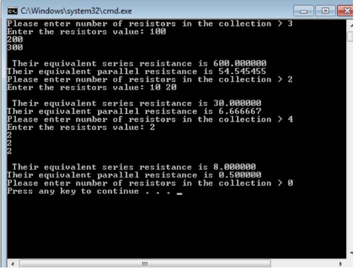 C. C:\Windows\system32\cmd.exe Please enter nunber of resistors in the collection > 3