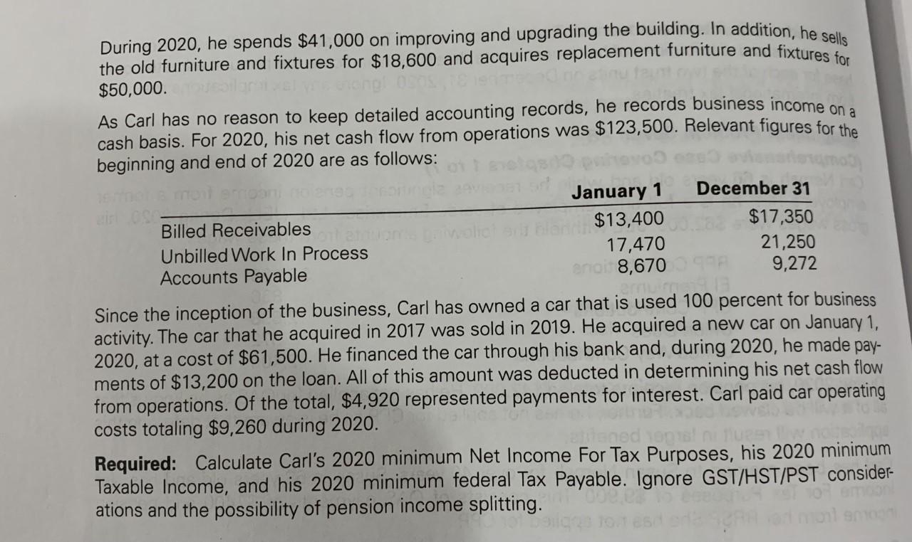 During 2020, he spends $41,000 on improving and upgrading the building. In addition, he sells the old furniture and fixtures