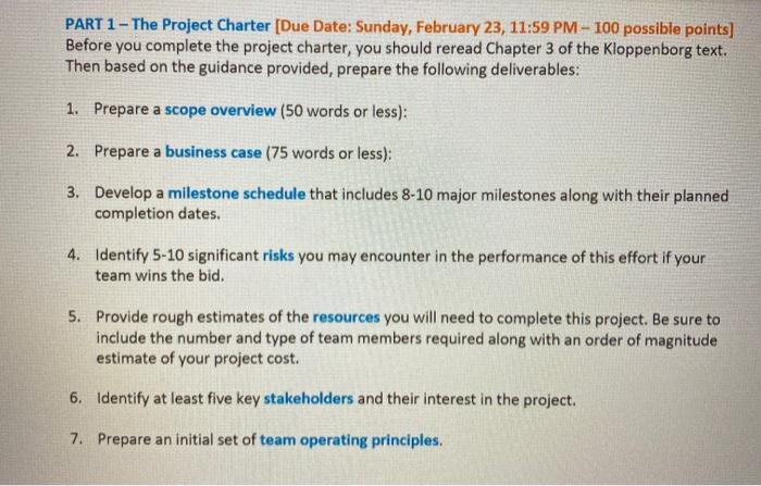 PART 1 - The Project Charter (Due Date: Sunday, February 23, 11:59 PM - 100 possible points] Before you complete the project