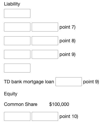 Liability point 7) point 8) point 9) TD bank mortgage loan point 9) Equity Common Share $100,000 point 10)