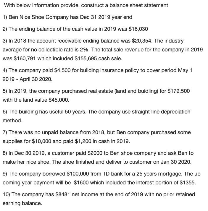 With below information provide, construct a balance sheet statement 1) Ben Nice Shoe Company has Dec 31 2019 year end 2) The