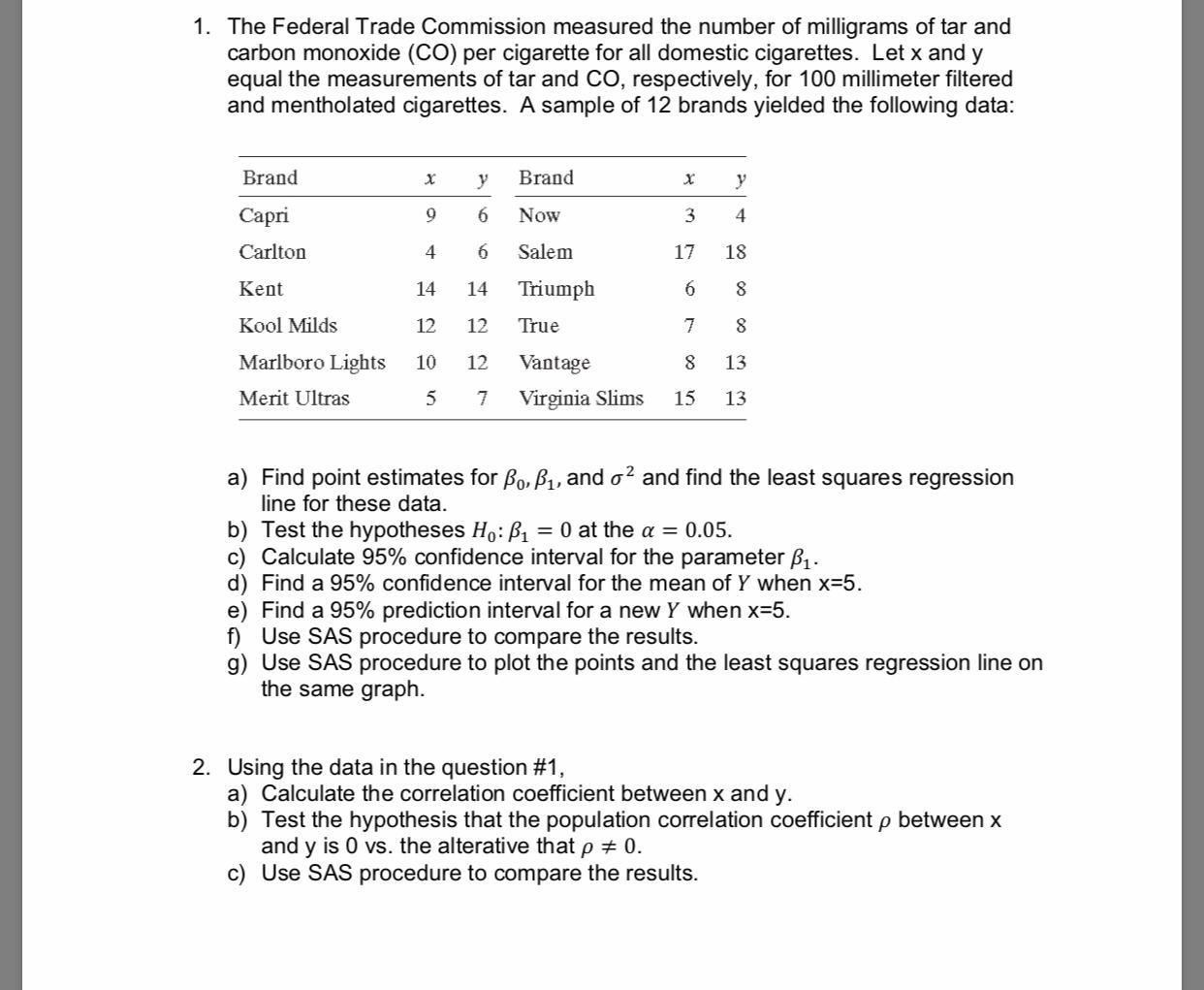 1. The Federal Trade Commission measured the number of milligrams of tar