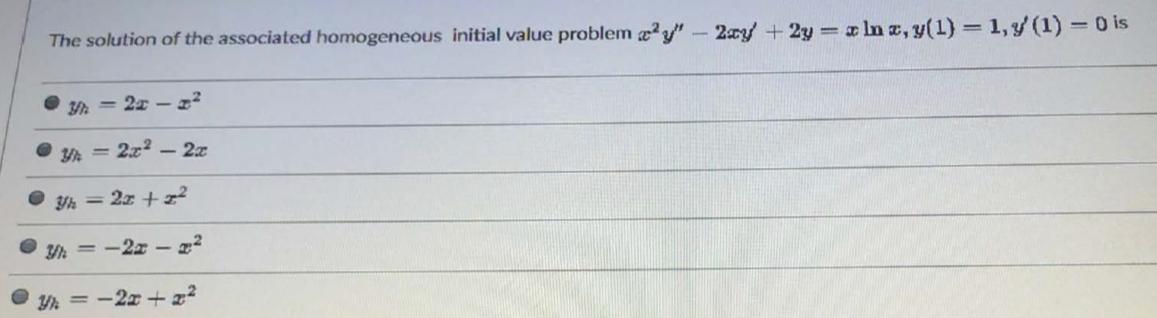 The solution of the associated homogeneous initial value problem y"-2ay +2y ln