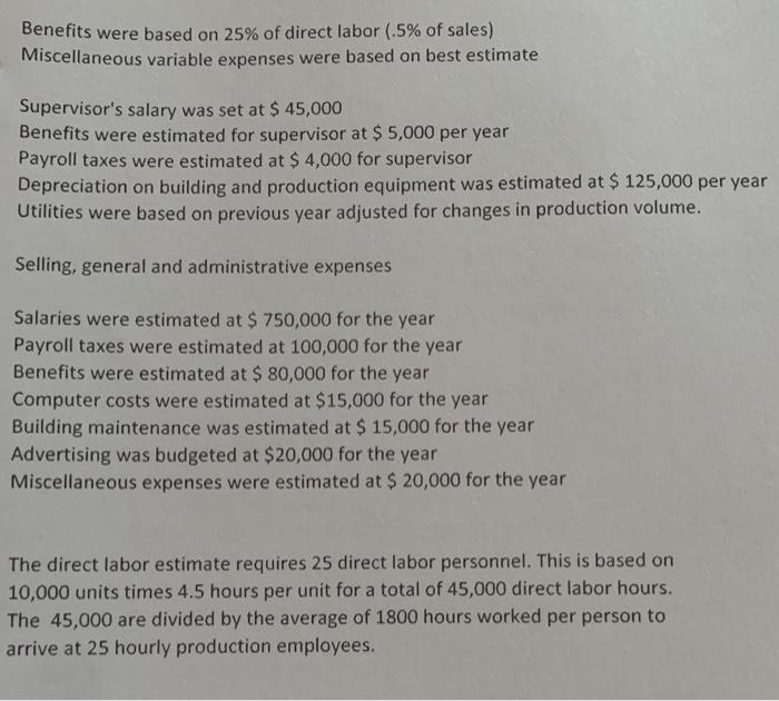 Benefits were based on 25% of direct labor (.5% of sales) Miscellaneous variable expenses were based on best estimate Supervi