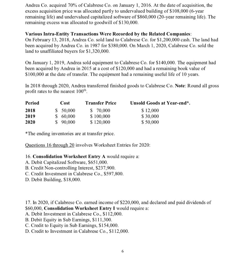Andrea Co. acquired 70% of Calabrese Co. on January 1, 2016. At the date of acquisition, the excess acquisition price was all
