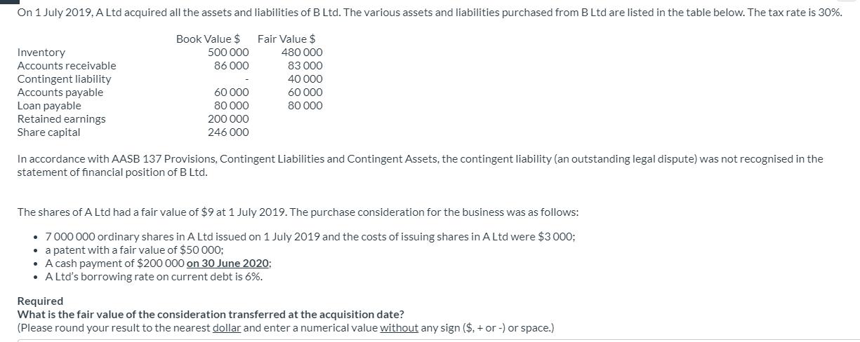 On 1 July 2019, A Ltd acquired all the assets and liabilities of B Ltd. The various assets and liabilities purchased from BLt
