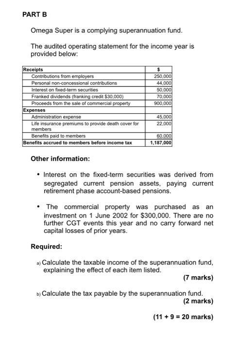 PART B Omega Super is a complying superannuation fund. The audited operating statement for the income year is provided below: