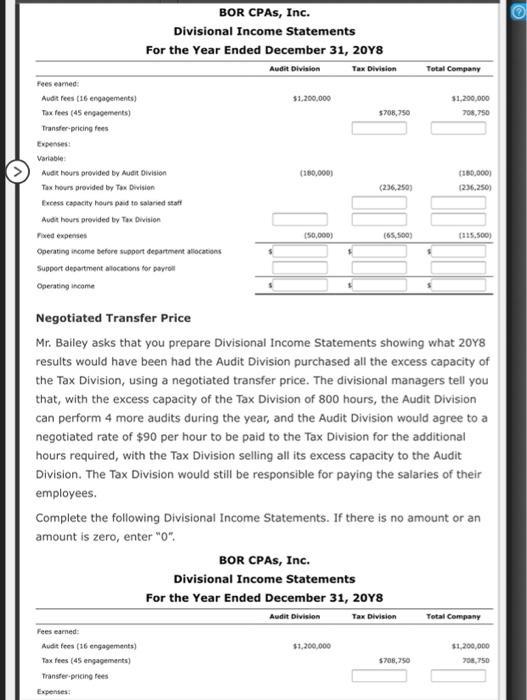Total Company $1.290.000 708.750 BOR CPAs, Inc. Divisional Income Statements For the Year Ended December 31, 2048 Audit Divis