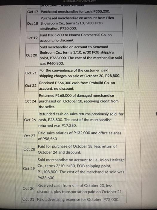 Canvaihtoure.com TO CLODU ONCOURS Oct 17 Purchased merchandise for cash, P355,200. Purchased merchandise on account from Filc