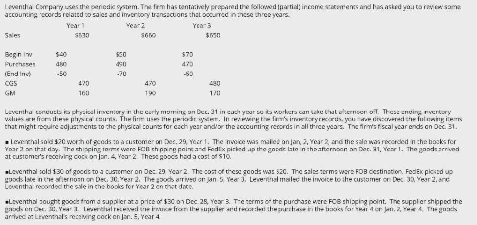 Leventhal Company uses the periodic system. The firm has tentatively prepared the followed (partial) income statements and ha