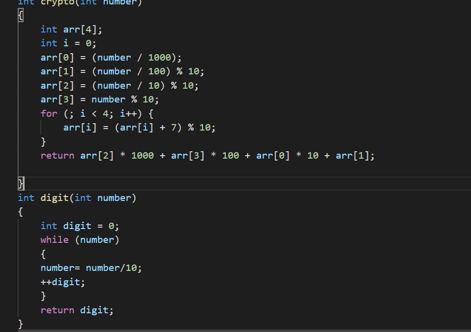 crypt umber) { int arr[4]; int i = 0; arr[@] = (number / 1000); arr[1] = (number / 100) % 10; arr[2] = (number / 10) % 10; ar