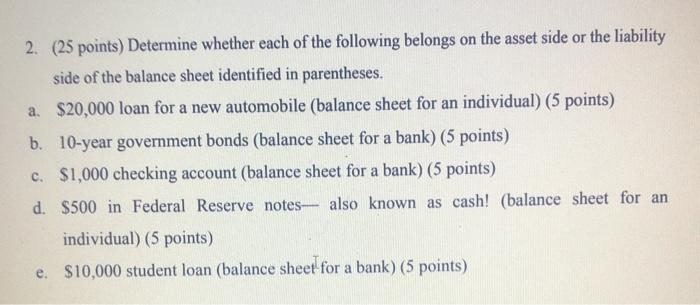 2. (25 points) Determine whether each of the following belongs on the asset side or the liability side of the balance sheet i