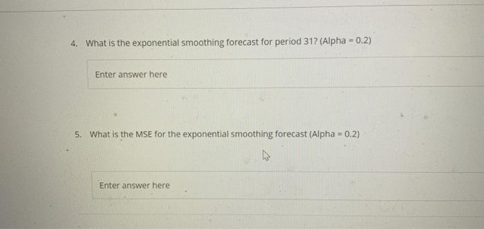 4. What is the exponential smoothing forecast for period 31? (Alpha=0.2) Enter answer here 5. What is the MSE for the exponen