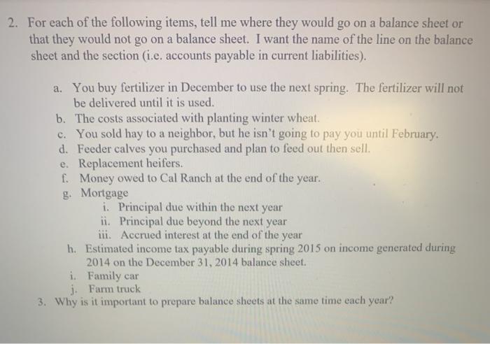 2. For each of the following items, tell me where they would go on a balance sheet or that they would not go on a balance she