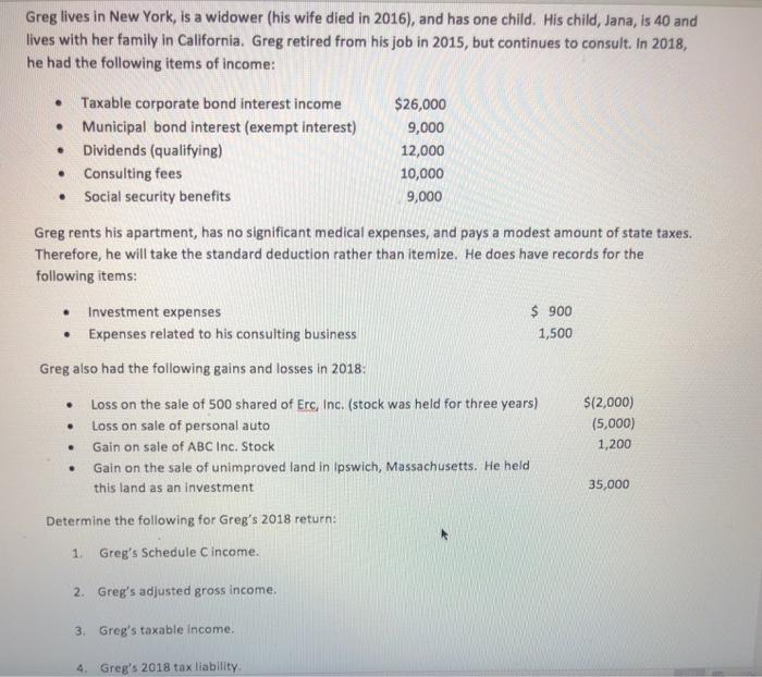 Greg lives in New York, is a widower (his wife died in 2016), and has one child. His child, Jana, is 40 and lives with her fa