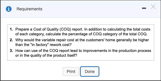 i X Х Requirements 1. Prepare a Cost of Quality (COQ) report. In addition to calculating the total costs of each category, ca