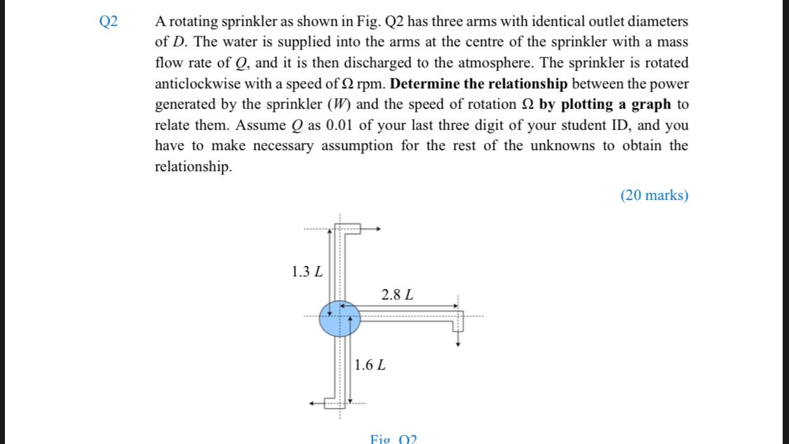 Q2 A rotating sprinkler as shown in Fig. Q2 has three arms with identical outlet diameters of D. The water is supplied into t