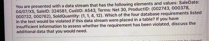 You are presented with a data stream that has the following elements and values: SaleDate: 04/07/X5, SalelD: 324581, CustID: