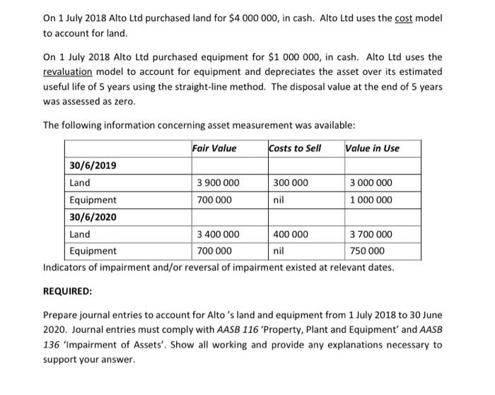On 1 July 2018 Alto Ltd purchased land for $4 000 000, in cash. Alto Ltd uses the cost model to account for land. On 1 July 2