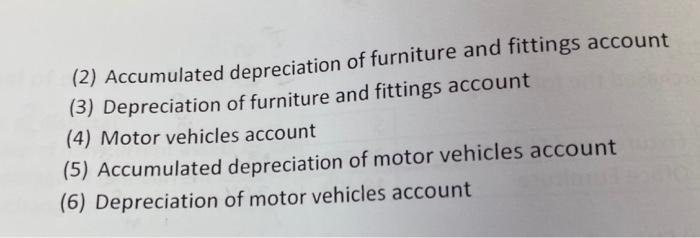 (2) Accumulated depreciation of furniture and fittings account (3) Depreciation of furniture and fittings account (4) Motor v