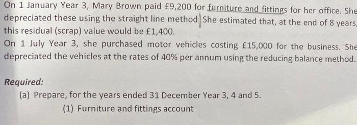 On 1 January Year 3, Mary Brown paid £9,200 for furniture and fittings for her office. She depreciated these using the straig