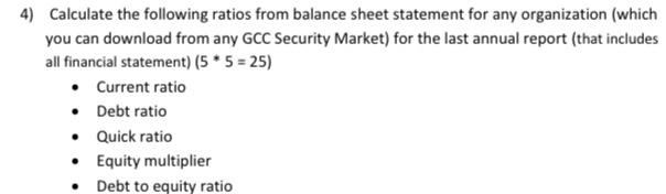 4) Calculate the following ratios from balance sheet statement for any organization (which you can download from any GCC Secu