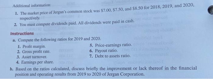 Additional information: 1. The market price of Jergans common stock was $7.00, $7.50, and $8.50 for 2018, 2019, and 2020, re