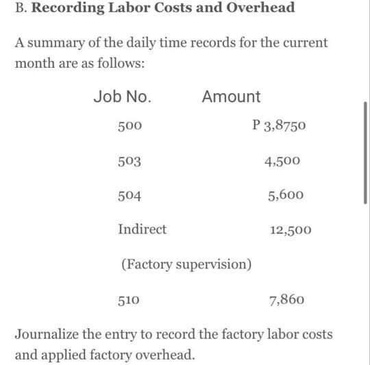 B. Recording Labor Costs and Overhead A summary of the daily time records for the current month are as follows: Job No. Amoun