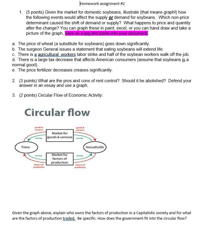 Homework assignment #2 1. (5 points) Given the market for domestic soybeans, illustrate (that means graph!) how the following events would affect the supply or demand for soybeans. Which non-price determinant caused the shift of demand or supply? What happens to price and quantity after the change? You can graph these in paint, excel, or you can hand draw and takea picture of the graph, Save as a ipg and paste into your document a. The price of wheat (a substitute for soybeans) goes down significantly b. The surgeon General issues a statement that eating soybeans will extend life C. There is a agricultural workers labor strike and half of the soybean workers walk off the job d. There is a large tax decrease that affects American consumers (assume that soybeans is a e. The price fertilizer decreases creases significantly (3 points) What are the pros and cons of rent control? Should it be abolished? Defend your answer in an essay and use a graph. 2. 3. (2 points) Circular Flow of Economic Activity: Circular flow Market for goods & services Firms or factors of production Given the graph above, explain who owns the factors of production in a Capitalistic society and for what are the factors of production traded. Be specific. How does the government fit into the circular flow?
