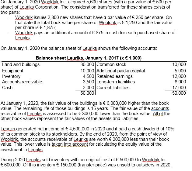 On January 1, 2020 Wooldrik Inc. acquired 5,600 shares (with a par value of € 500 per share) of Leuriks Corporation. The cons