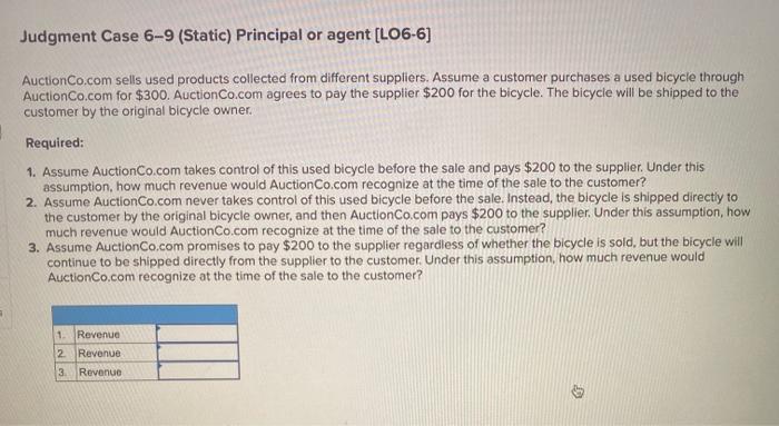 Judgment Case 6-9 (Static) Principal or agent (L06-6) Auction Co.com sells used products collected from different suppliers.