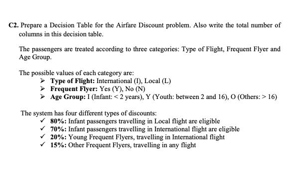 C2. Prepare a Decision Table for the Airfare Discount problem. Also write the total number of columns in this decision table.