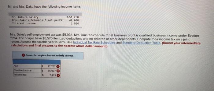 Mr. and Mrs. Daku have the following income items. Mr. Dakus salary Mrs. Dakus Schedule C net profit Interest income $51, 2