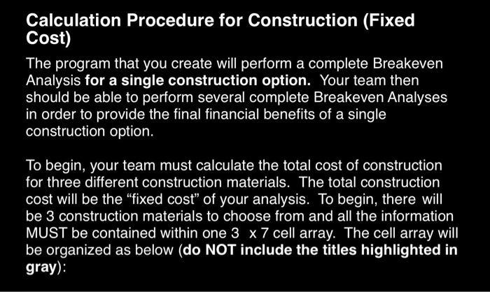 Calculation Procedure for Construction (Fixed Cost) The program that you create will perform a complete Breakeven Analysis fo
