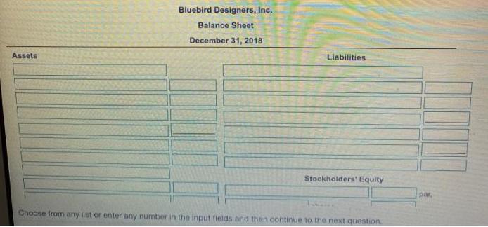 Assets Bluebird Designers, Inc. Balance Sheet December 31, 2018 Liabilities Stockholders' Equity Choose from