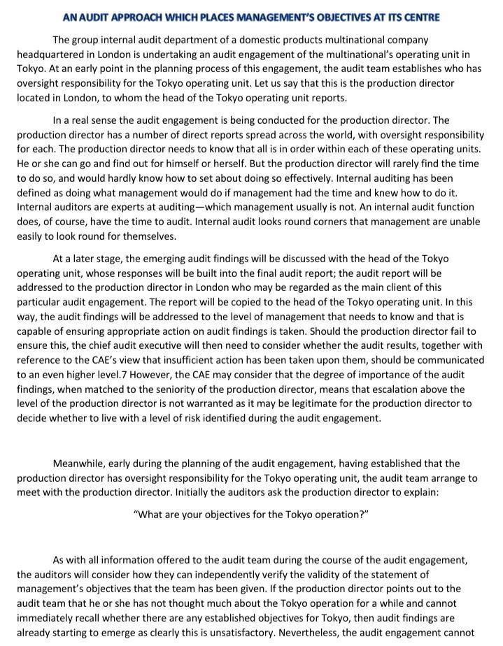 AN AUDIT APPROACH WHICH PLACES MANAGEMENTS OBJECTIVES AT ITS CENTRE The group internal audit department of a domestic produc