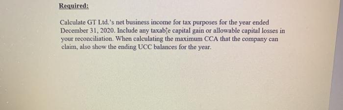 Required: Calculate GT Ltd.'s net business income for tax purposes for the year ended December 31, 2020.