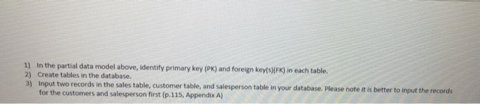 1) In the partial data model above, identify primary key (PK) and foreign key(s)(FK) in each table. 2) Create tables in the d