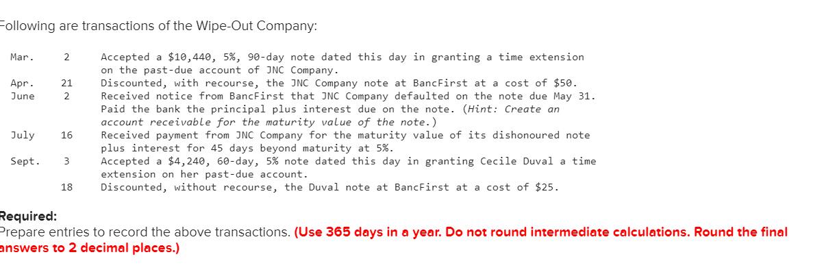 Following are transactions of the Wipe-Out Company: Mar. 2 21 Apr. June Accepted a $10,440, 5%, 90-day note dated this day in