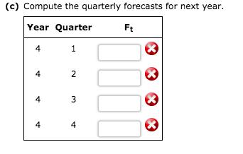 (c) Compute the quarterly forecasts for next year. Year Quarter Ft 4 1 2 4 3 III 4 4