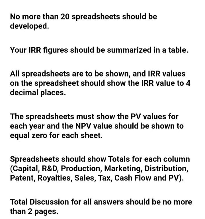 No more than 20 spreadsheets should be developed. Your IRR figures should be summarized in a table. All spreadsheets are to b