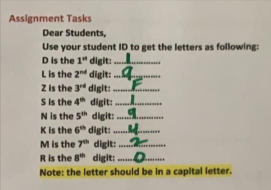 Assignment Tasks Dear Students, Use your student ID to get the letters as following: D is the 1st digit: ........ L is the 2n