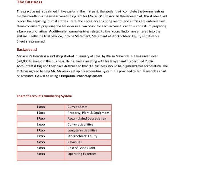 The Business This practice set is designed in five parts. In the first part, the student will complete the journal entries fo